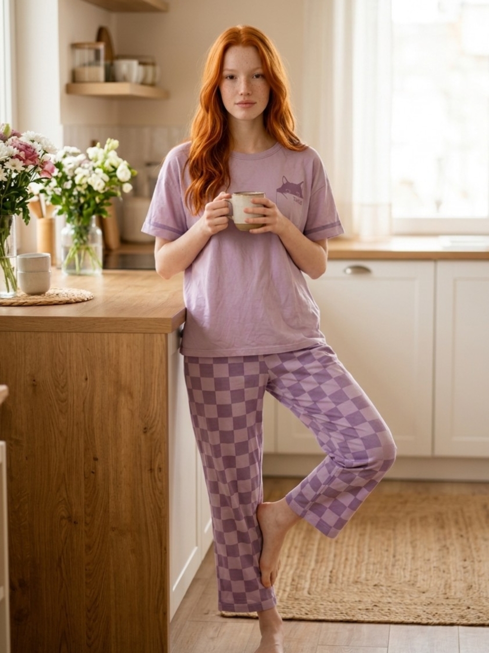 Woman Pajama Lavender  Checkers
